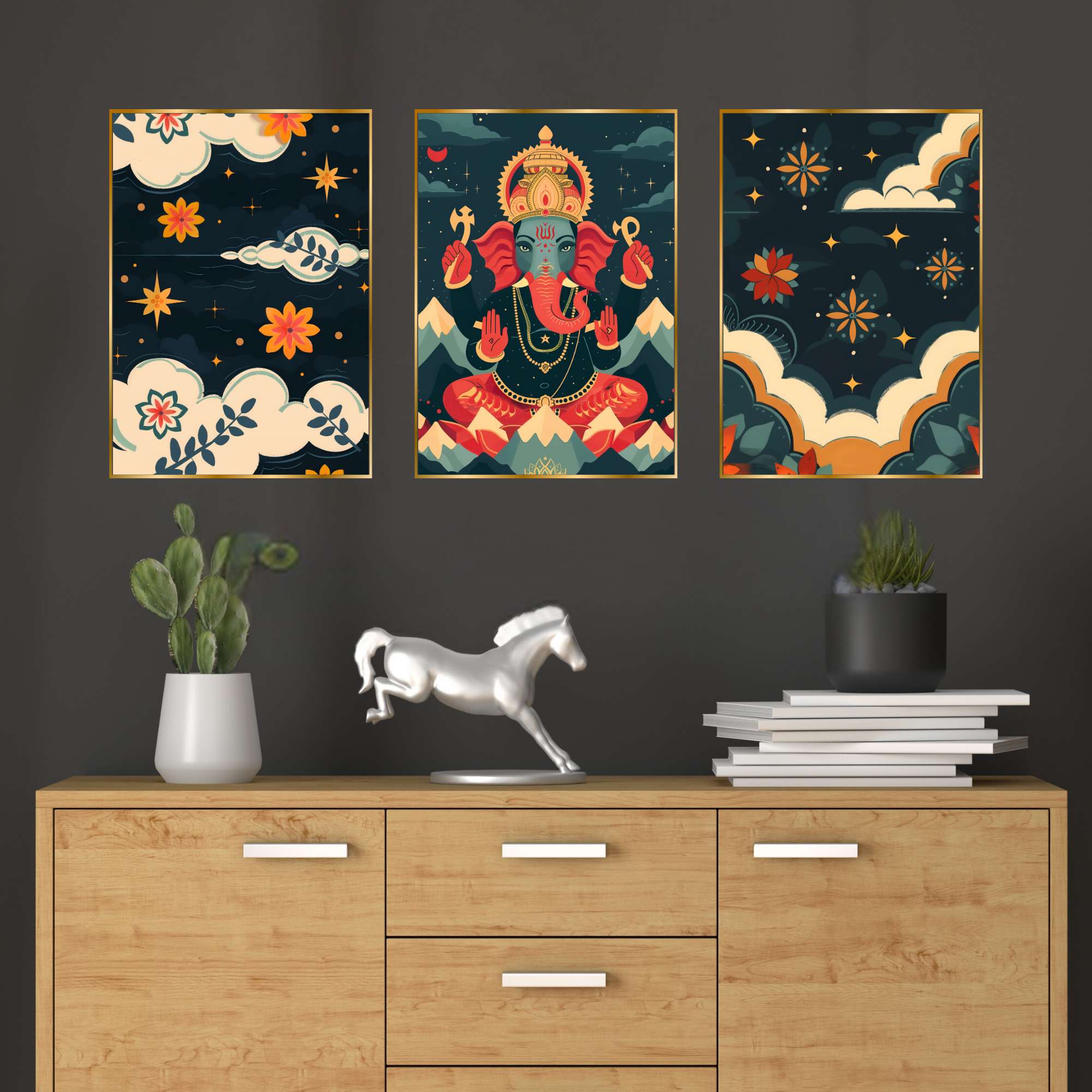 Set of Three Wall Paintings for Wall Dacoration Golden Framed Wall Paintings for Living Room & Bedroom Wall Art for Home Decoration & Office Wall Décor (24x18 inch CH-GD3-6)